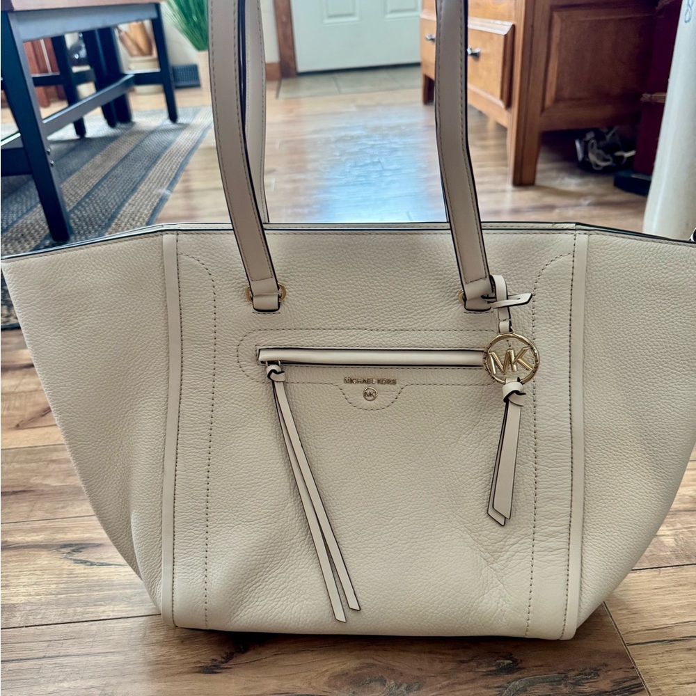 Michael Kors Cream Pebbled Leather Tote with MK Charm